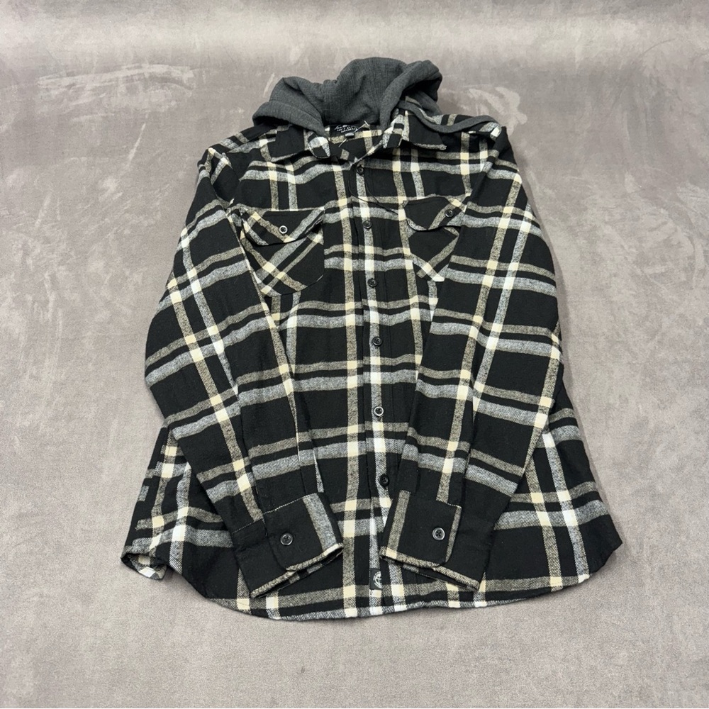 Free Planet men's M black and off-white plaid flannel hooded button up